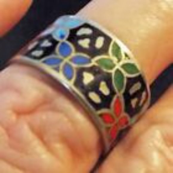 TURKISH 925 ENAMEL INLAY IN MOSAIC CLOISONNE DESIGN BAND RING 56 - Picture 3 of 3